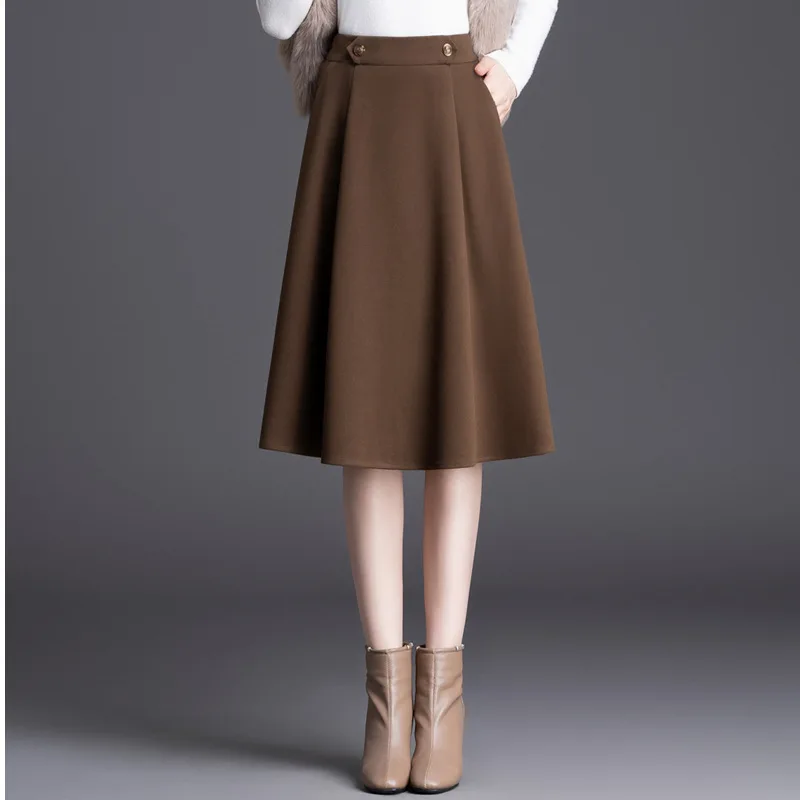 #1641 Black Gray Brown Office Woolen Skirt Women Split Joint Pleated A-line Skirt Ladies Thick Slim Knee-length High Waisted