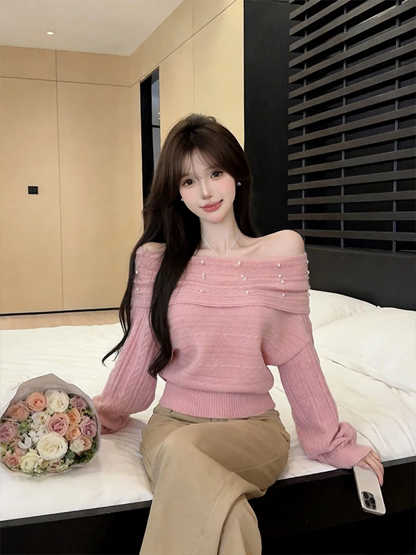 pink-gentle-wind-knitwear-shoulder-bared-sweater-women's-autumn-winter-slimming-overhead-top-with-collar-tie-clip-fashionable