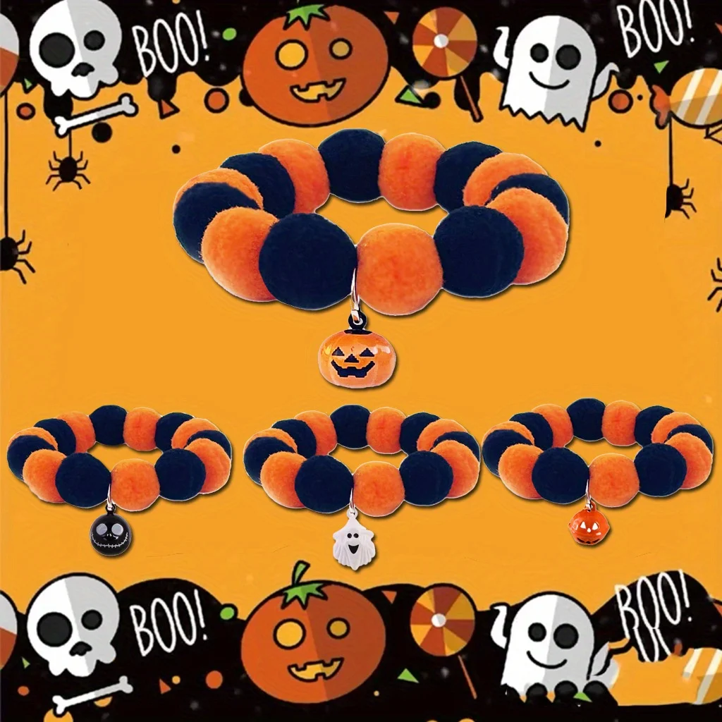 Halloween-Haustierhalsband 3-teiliges Set, Elastisch Verstellbar mit Glocke, Sicherheitsverschluss für Katze und Hund, Niedliches Gruselkostüm für Leckerli-Party – Detail 1