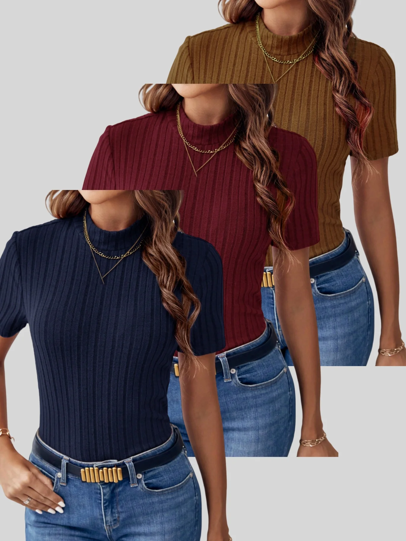 

Elegant Special Edition Ladies' New Fashion Round-neck Solid Color Slim-Fitting T-Shirt Set of Three