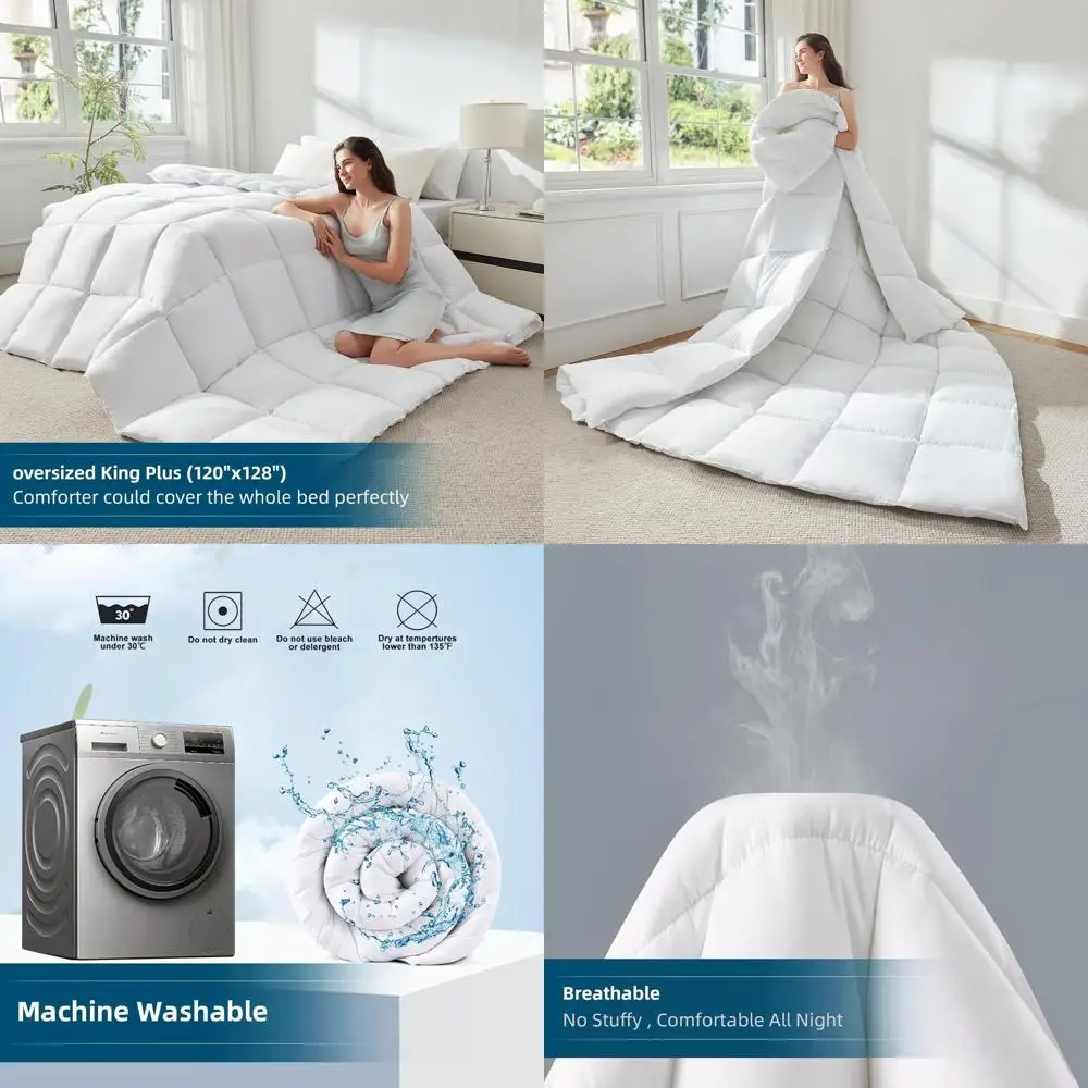 

Легкое одеяло XL King Plus Size с наполнителем из искусственного пуха, 128x120 см, с 8 креплениями и дышащей микрофиброй, белое
