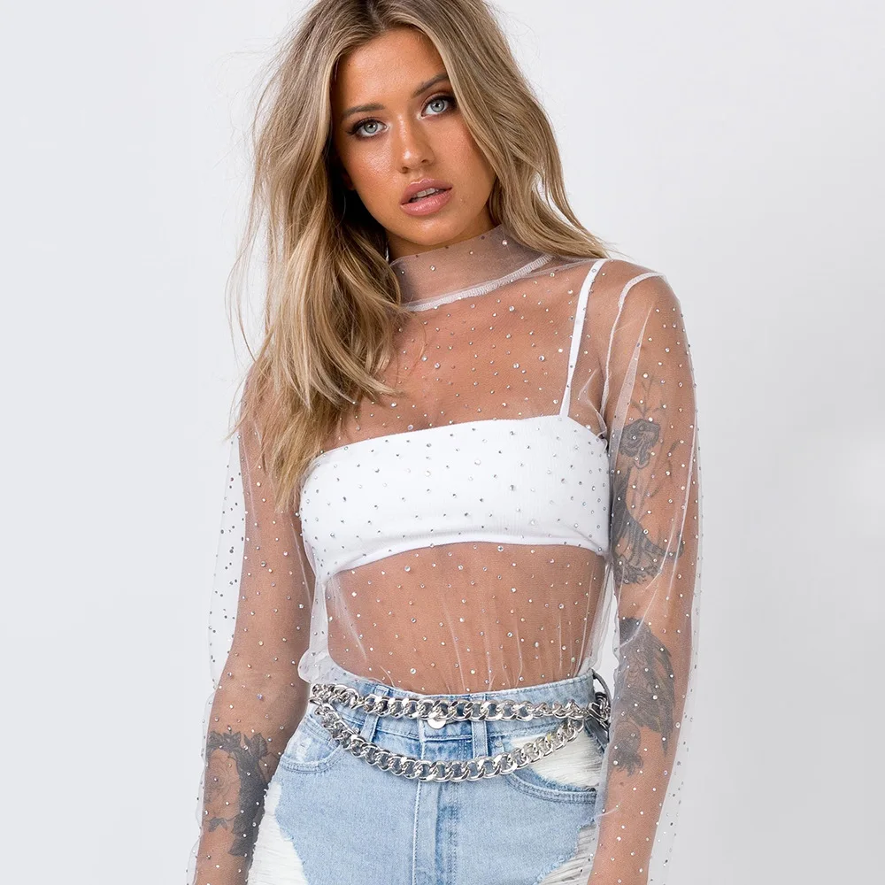 Summer Sexy Lace Mesh Sheer T Shirt Women Transparent Tops Turtleneck See Through Cover Up  Long Sleeve Shine Rhinestone Crops