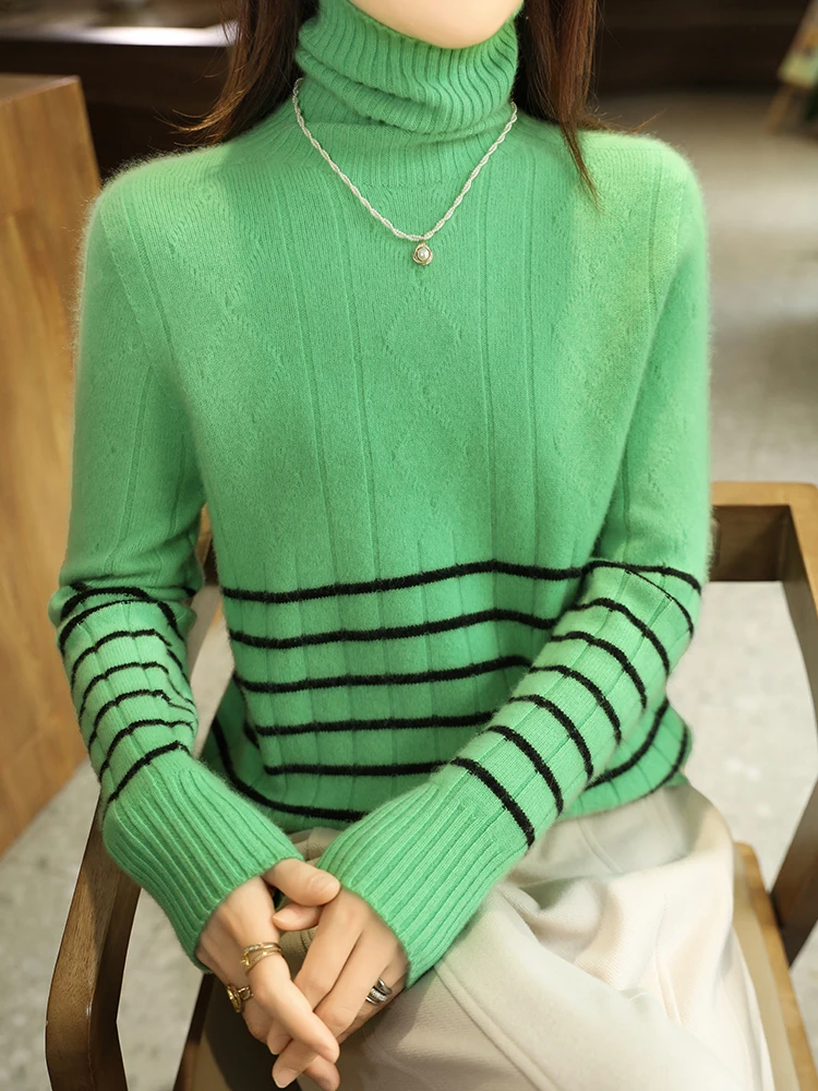 Prosty styl golf w paski jednokolorowy sweter w kratkę wiosna jesień 100% wełna merynosów dzianina damski sweter wygodne topy