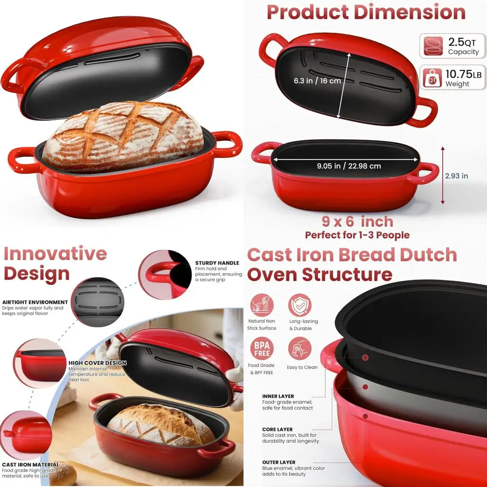 

Sourdough Bread Baking Kit: 2.5-Quart Cast Iron Dutch Oven with Lid for Homemade Loaves and Easy Sourdough Recipes