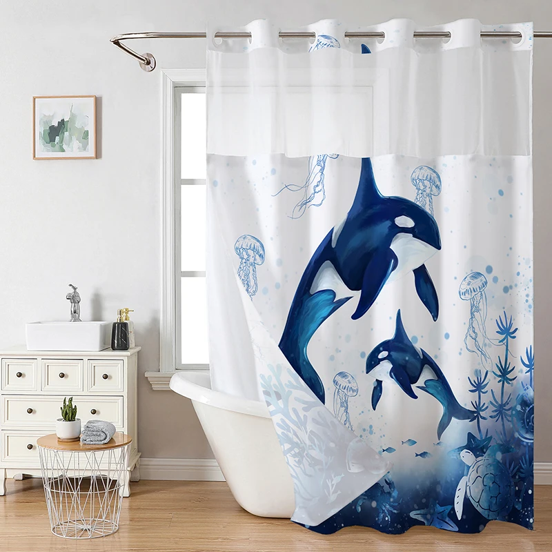 Printed Double Grommet Bathroom Curtains Marine Life Waterproof Shower Curtain for Hotel Home Durable Privacy Partition Curtain