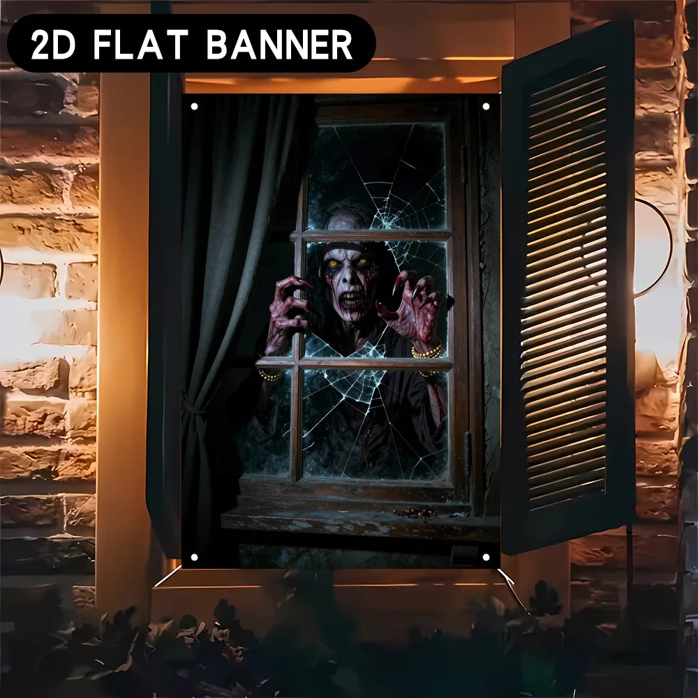2D flat banner 1pc Halloween window banner background fabric. Horror zombie party theme window covering fabric view 2