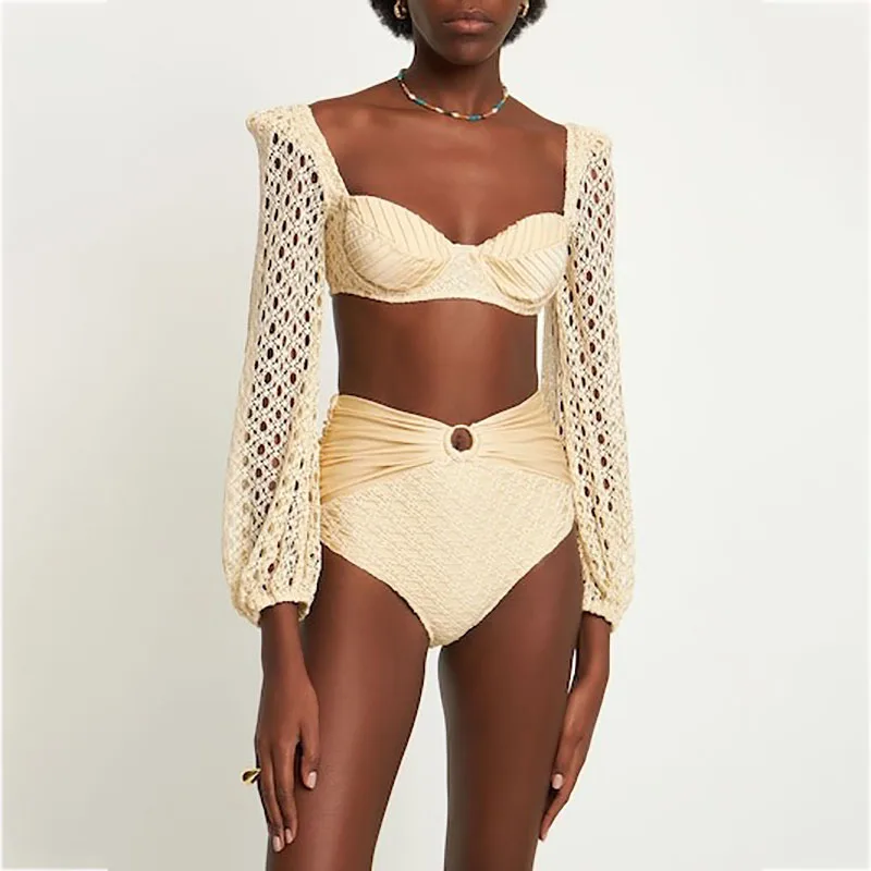 Knit Mesh Crochet Long Sleeve Bikini Sets Cut Out Stretch Swimsuit Cover Up Luxury Swimwear Women\'s Beach Outfits Beachwear 2024