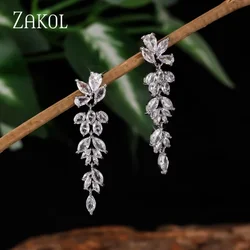 ZAKOL Luxury Gorgeous Marquise Cluster Dangle Earrings for Women Flower Shape Cubic Zirconia Long Earring Bride Wedding Jewelry