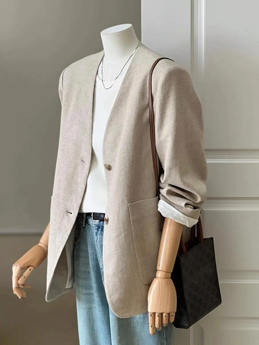 

Удобный льняной женский костюм Jaet в Корейском стиле, легкий дышащий спортивный костюм с v-образным вырезом, весенний сезон, длинный све