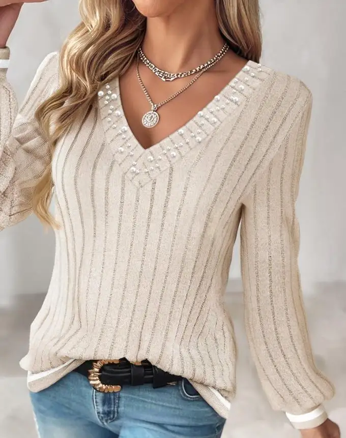 Damska Bluzka Wiosna Jesień 2025 Nowa Jednolita Kolor Dekolt V Długi Rękaw Modna Wąska Pasek Ozdobne Koraliki Casualowa Koszulka Top