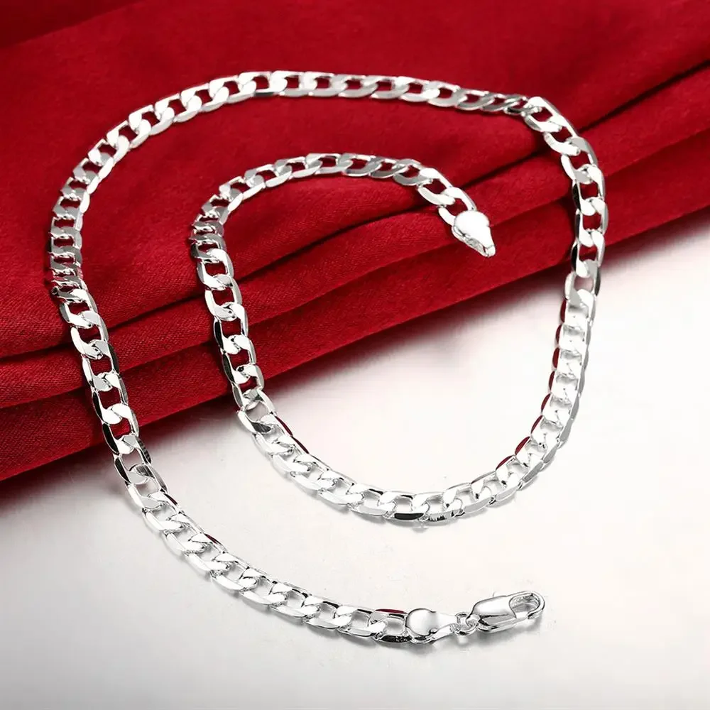 925 sterling Silver color Classic men 6MM 8MM Chain Bracelets necklace Jewelry set for woman Fashion Party wedding Fast shipping