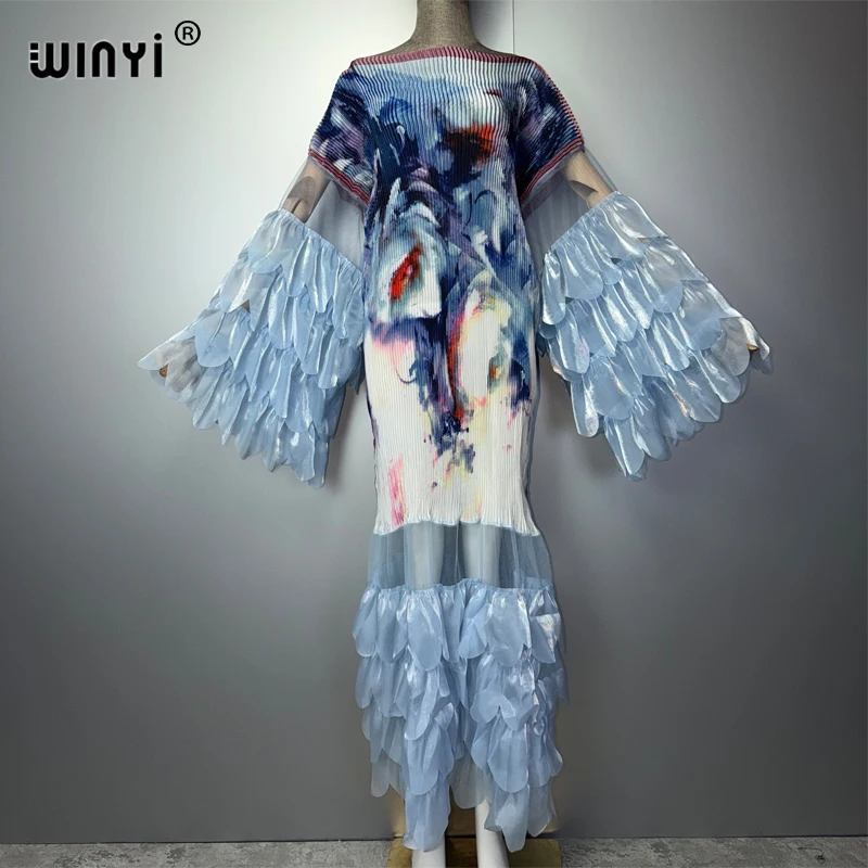 WINYI Pleated Elastic Slim Dress Beach Cover up Kaftan Abaya for Muslim Women Dubai Luxury Party Evening Retro Style
