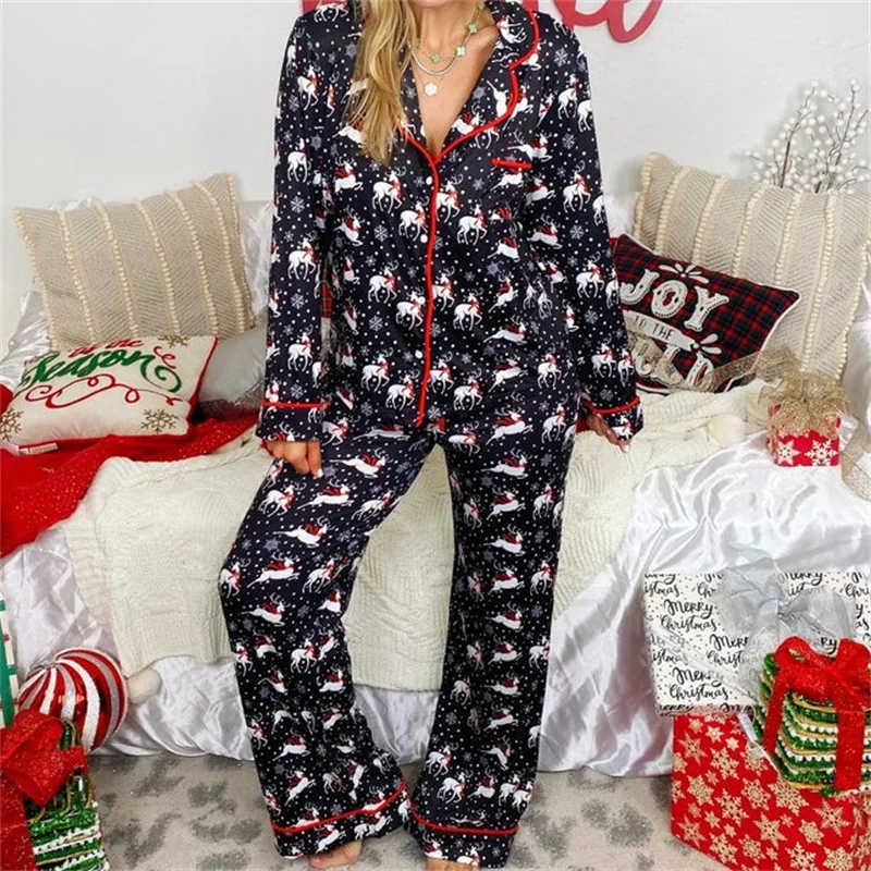 hirigin Women 2 Pieces Pajamas Set Christmas Elk Print Buttons Up Shirts Tops and Elastic Waist Pants for Sleep Loungewear 2024