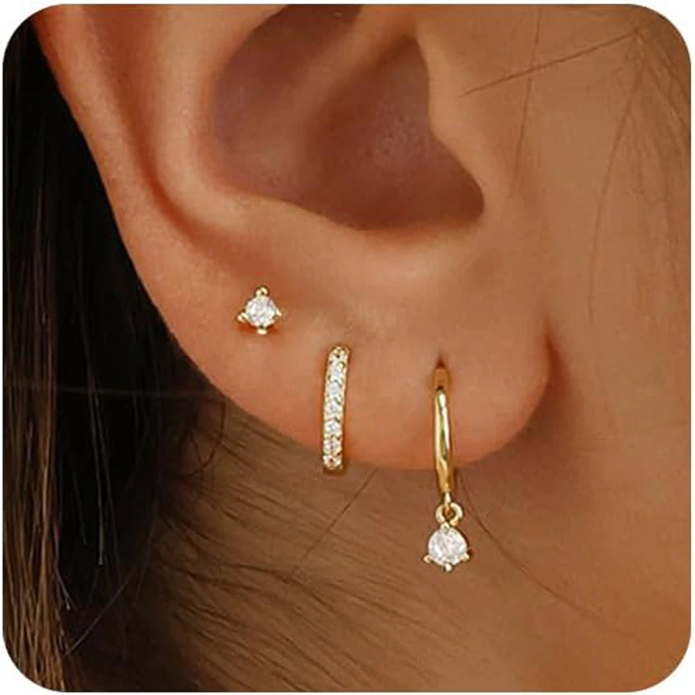 3pcs Dainty Cartilage Huggie Earrings Set 925 Sterling Silver 14K Gold Post Hypoallergenic for Multiple Piercing with gift box