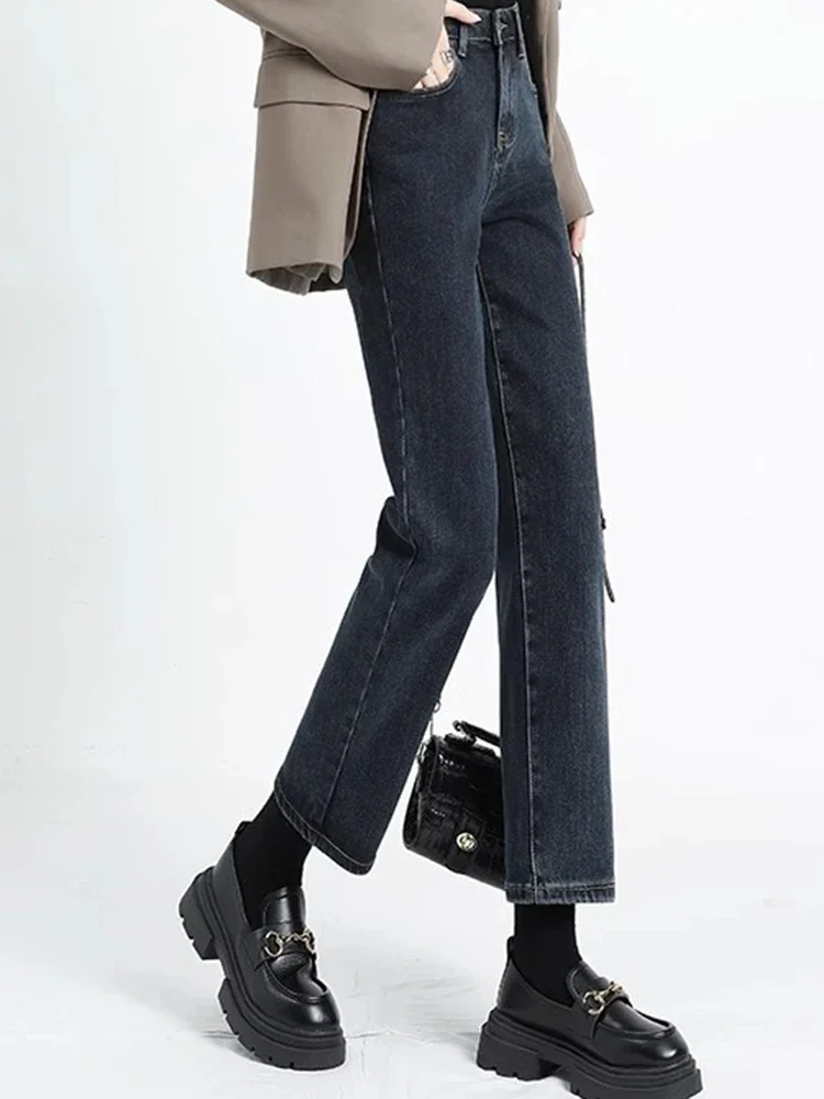 All-match High Waist Drainpipe Jeans Casual Women Narrow Straight Leg Pants Girls Blue Gray Black Gray Denim Trousers Size S-3XL