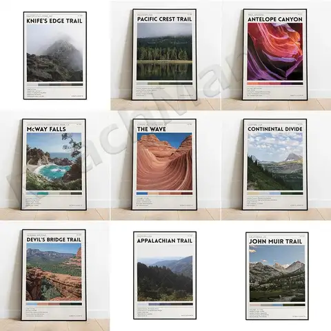 Retro Travel Poster Antelope Canyon Appalachian Kalalau John Muir Continental Divide Trails  Wall Decor