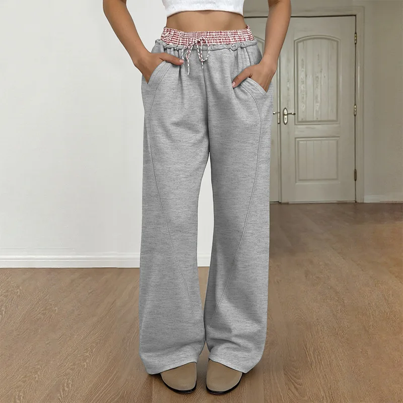 Chic 2026 Autumn and Winter Simple College Style Mopping Wide-leg Pants Drawstring Plaid Contrasting Loose Sweatpants Women Y2K
