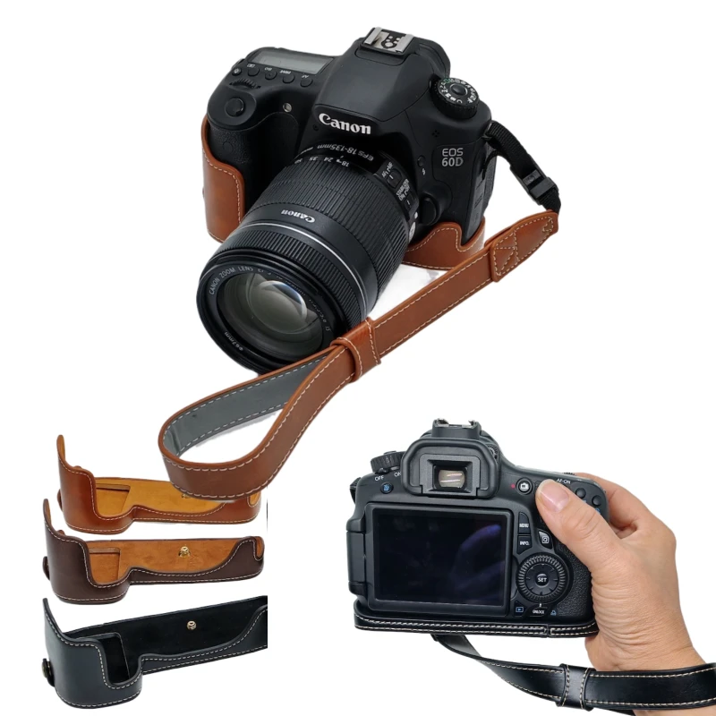 60D PU Leather Protect Half Case Grip for Canon EOS 70D 80D 90D Camera Openning Bottom Base