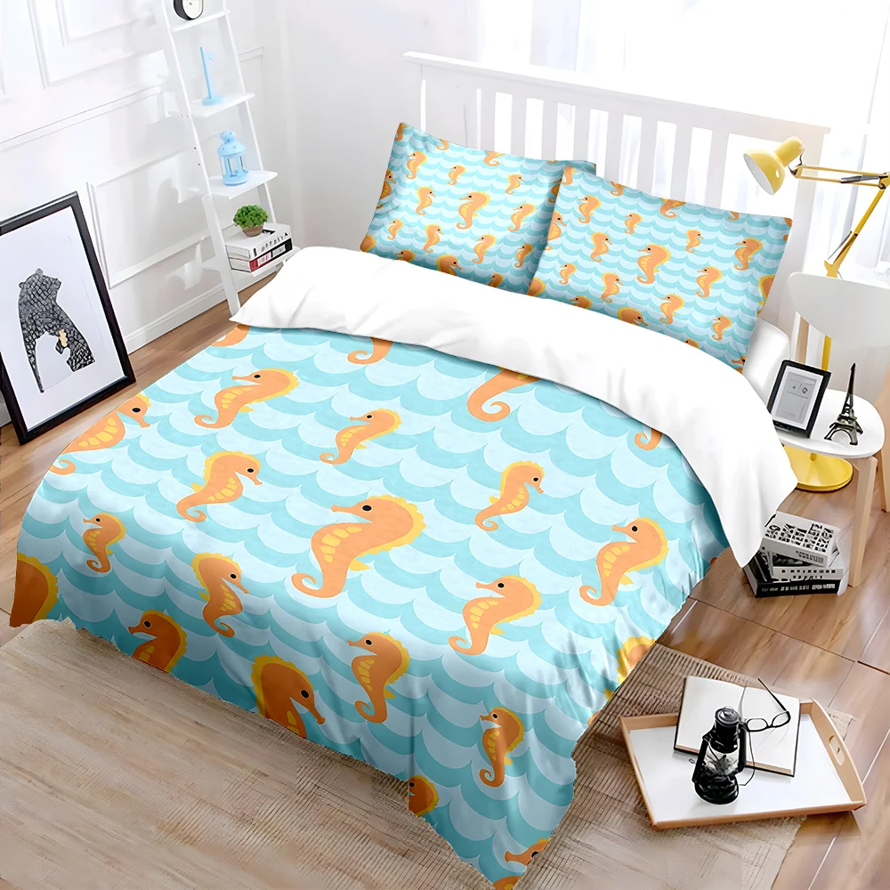 3pcs Cartoon Ocean Seahorse Pattern Bedding Set 1 Duvet Cover 2 Pillowcases for Adult and Children Luxury Gift Full Size