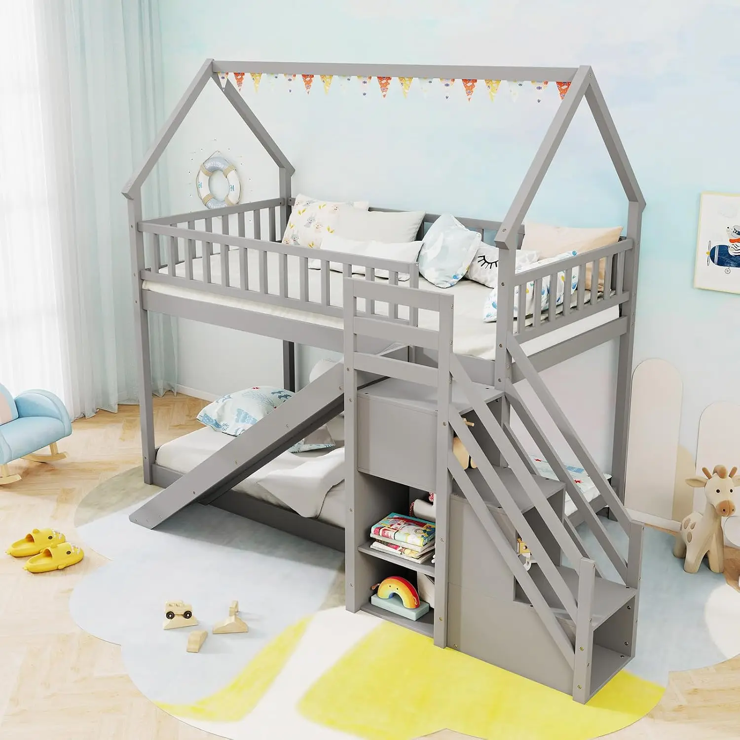 Twin Over Twin Bunk Bed With Slide Stairs & Storage Shelves, Wood Floor Bed For Kids Teens, No Box Spring Needed, Customized