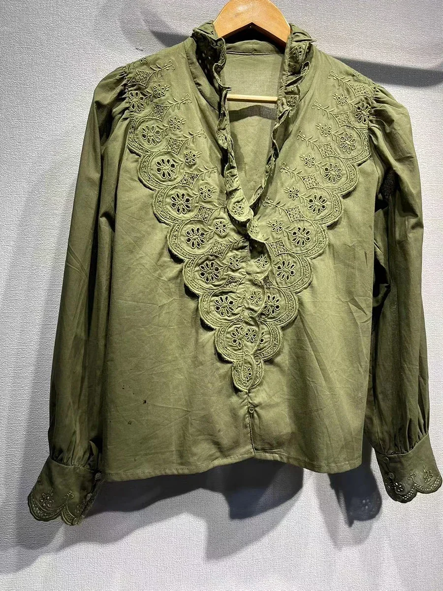 

Solid Floral Embroidery Patchwork Casual Blouses Women Hollow Out V-neck Puff Sleeve Vintage Blouse Summer Femme Elegant Shirts
