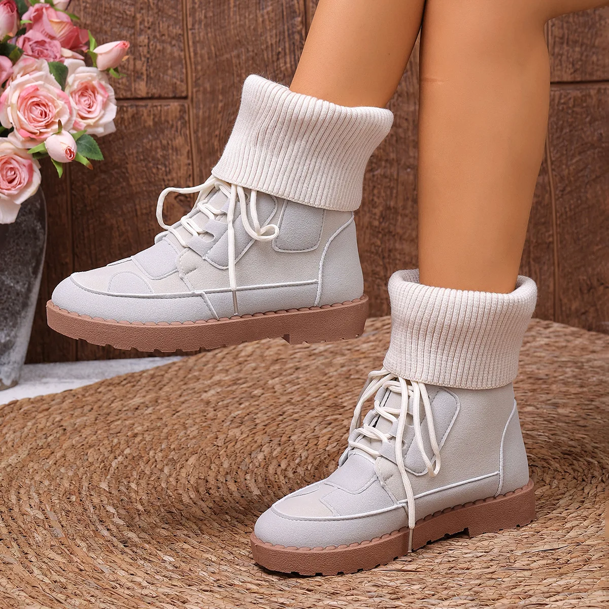 

Winter New Fashion women Boots Large Size Splicing Round Head Casual Ankle Boots Flat Bottom Lace Up Elegant Botines Chelsea