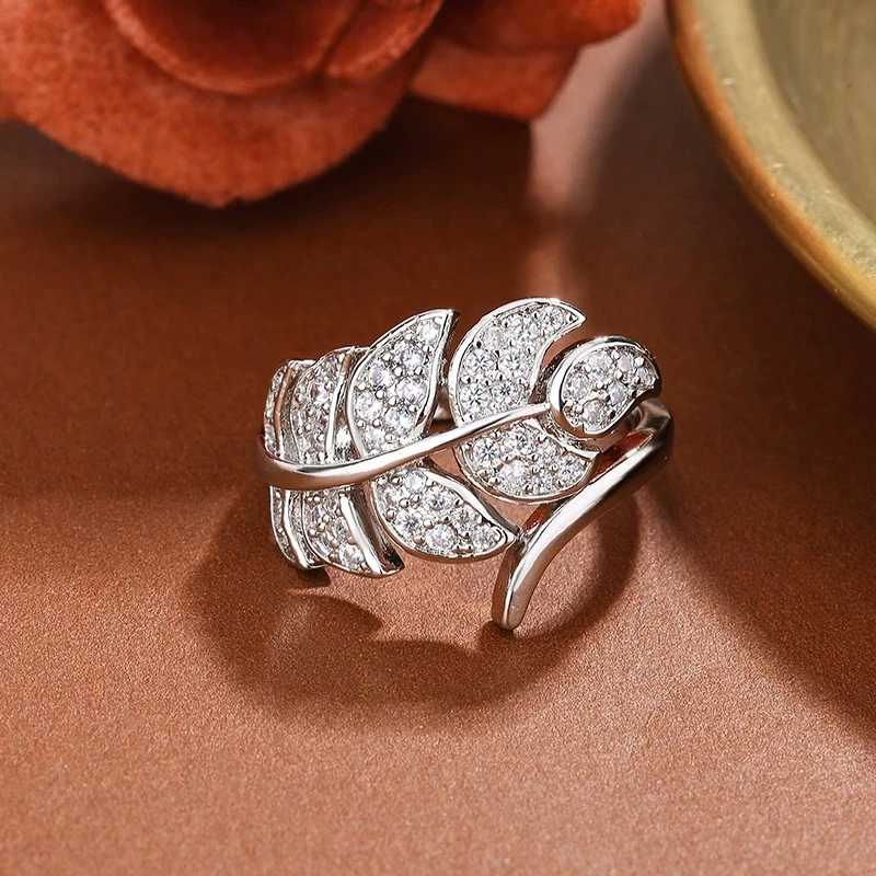Exquisite Feathers 925 Sterling Silver Open Ring for Women Exquisite Zircon Student Girlfriend Jewelry Wedding Party Gift