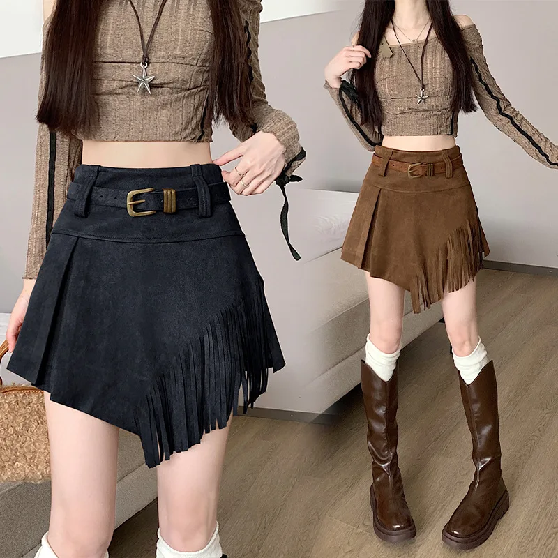 

High Waist Tassel Splicing A- Line Short Skirt Women's Autumn Winter New Style Wrap Body Skirt Suede Fabric Commute Elegant