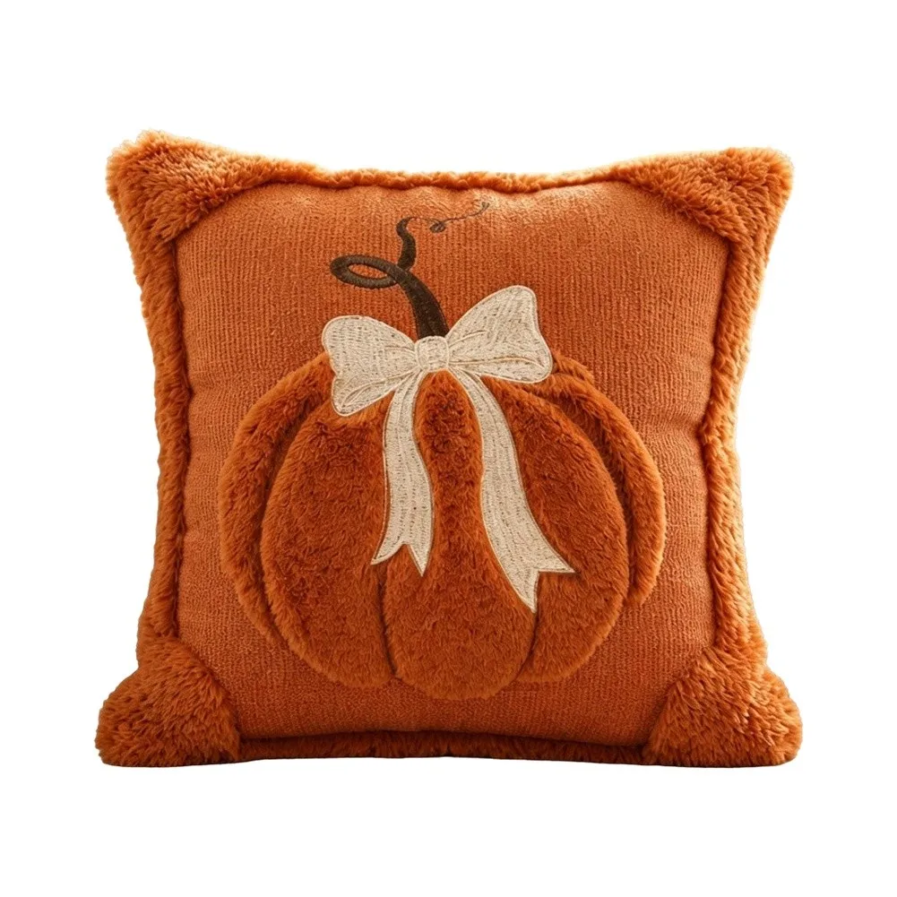 Pumpkin Bow Throw Cover 45x45cm 3D Embroidered Design Corduroy Fabric Plush Trim for Seasonal For Home Decoration