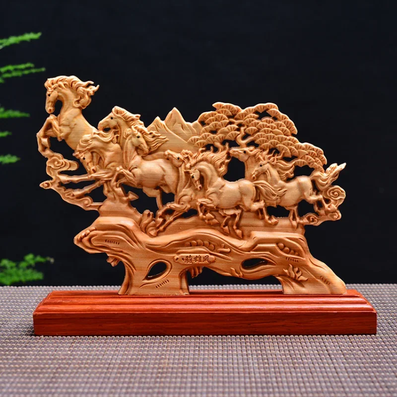 

High 20CM Cypress Wooden Eight Horses Statue Wood Animal Figurines Home Decor Gifts Decors