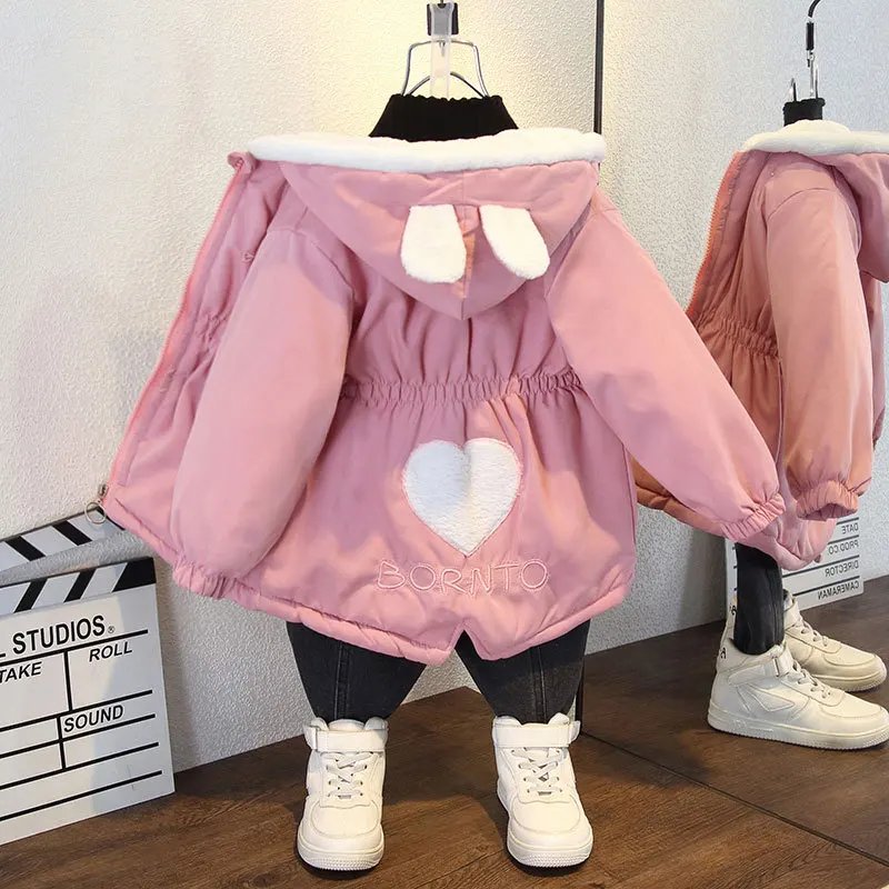 Autunno inverno capispalla per bambini con cappuccio cerniera giacche di cotone caldo peluche addensare vestiti per ragazze rosa giallo carino