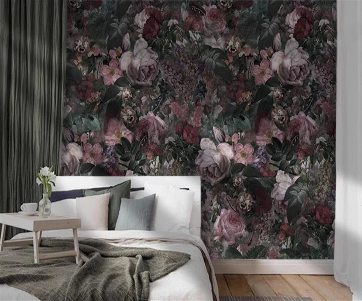 Vintage American hand-painted flower plant wallpaper living room TV custom background wall decoration self-adhesive canvas mural
