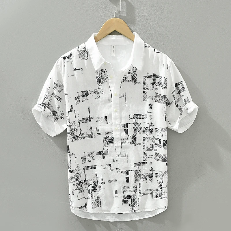 New Designer Short-sleeved Casual Printing Pure Linen Brand Shirts For Men Fashion Comfortable Tops Clothing Camisa Masculina