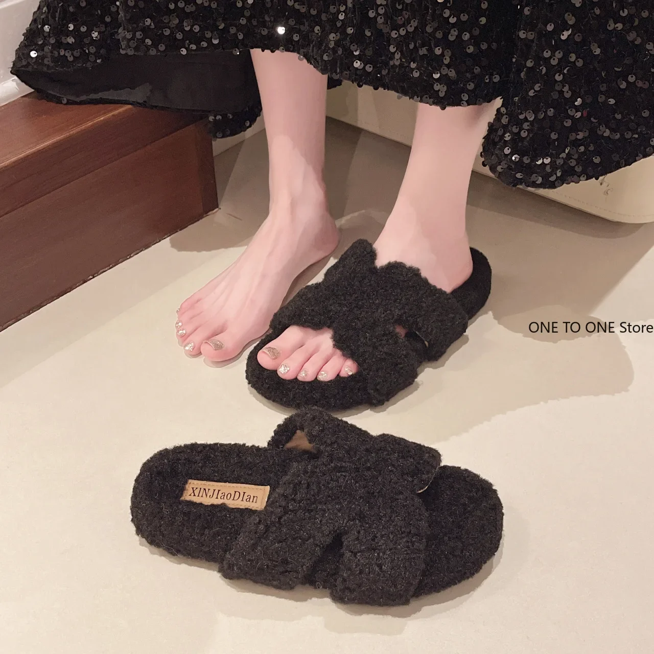 Luxury New Women Feminine High-heeled Fur Drag Outdoor All-match Shoes Slippers Round Head Wedges with Mink Fur Ms Slippers