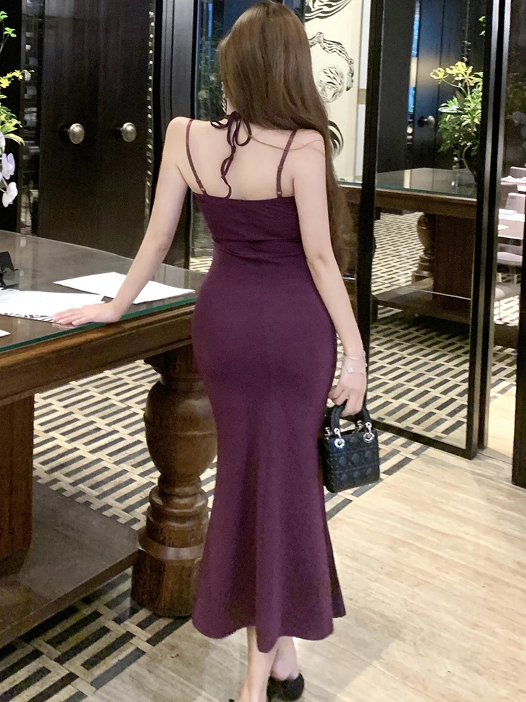 2025 novo roxo elegante babados diamantes estilingue vestido sexy feminino vestido de festa de dança de luxo verão coreano bodycon festival vestidos