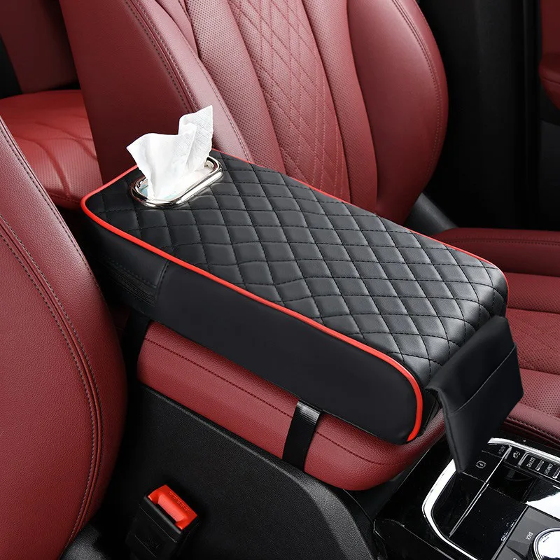 Car Armrest Pad Pu Leather Height-Increasing Pad Interior Accessories Cars Elbow Support With Front Storage Pockets Tissue Box