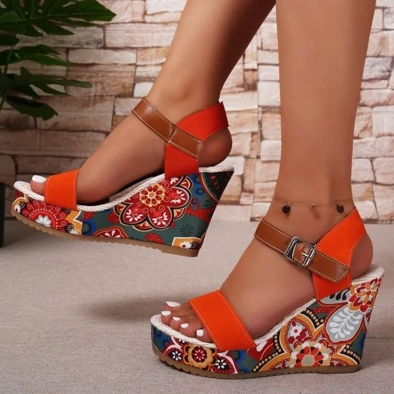 Wedges Sandals Women High Heels Shoes Print Random Platform Slippers 2024 New Summer Fashion Pumps Walking Dress