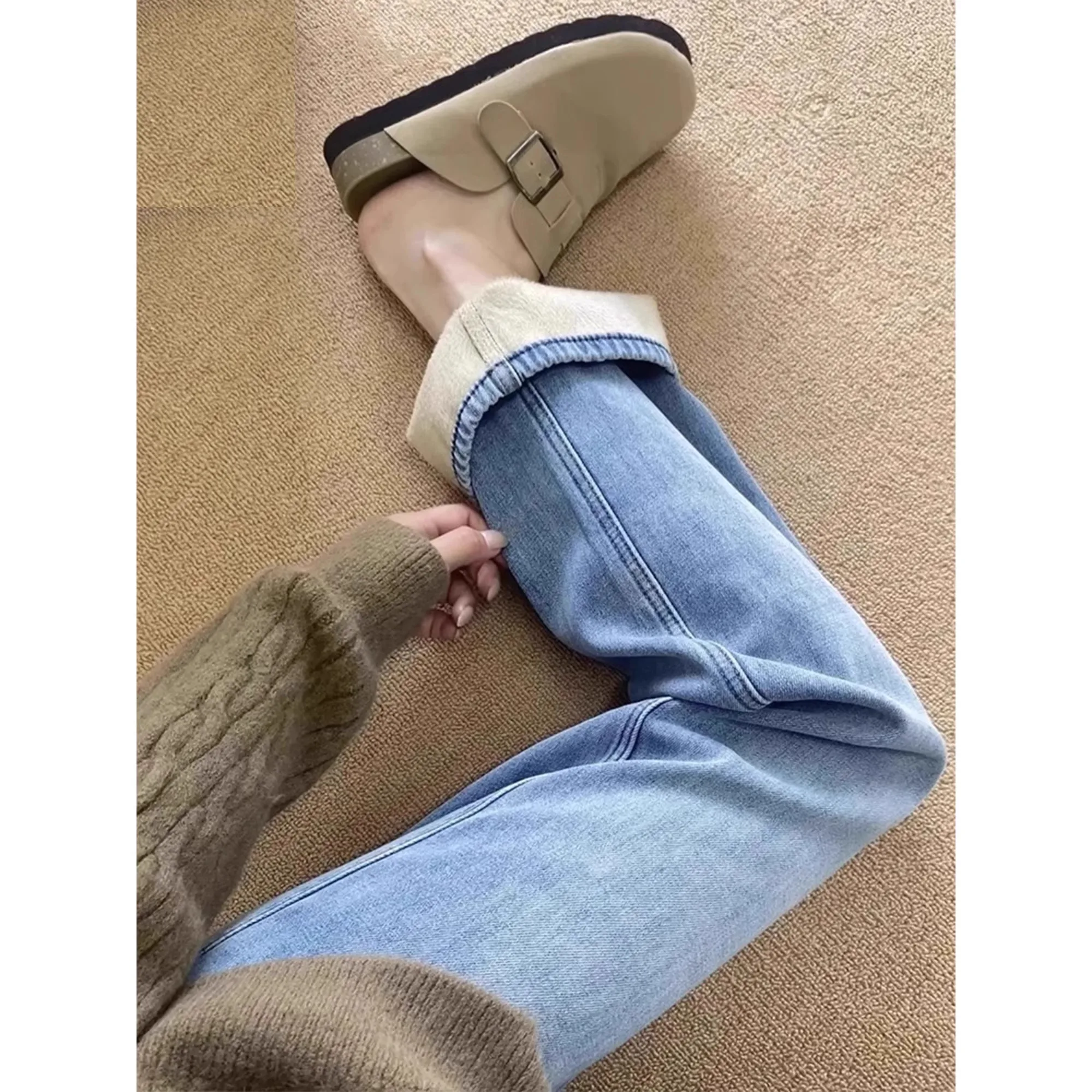 Thickened Fleece High Waist Straight Leg Denim Jeans Women's Autumn Winter Loose Slimming Narrow Version Cover Hip Floor Leng...