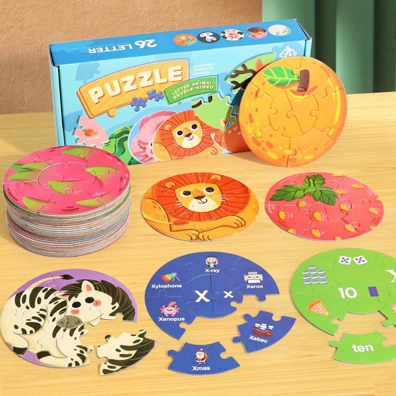 Double Sided Round Kids Jigsaw Puzzle 8Pcs Animal Fruit Alphabet Number Montessori Educational Toy for Toddlers 3+