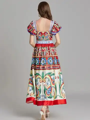 Kvinnor Fyrkantig Krage Flygande Ärm Elegant Rygglös Lång Klänning Sommar Rumway Mode Blommigt Tryck Hög Midja Strandfest Vestis 8 best sales Koreansk klänning - №4