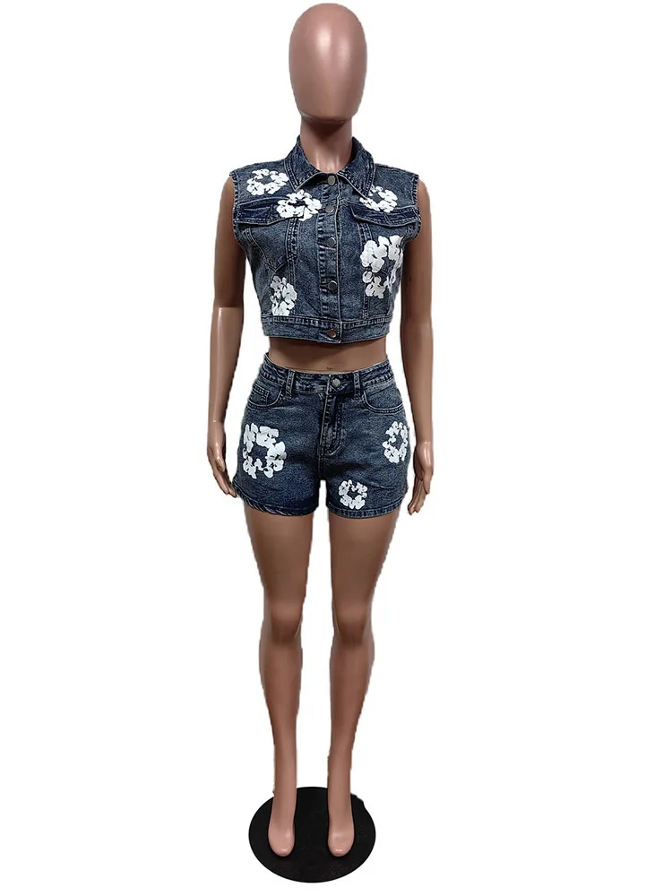 DEAT Vintage Fashion Women\'s Suits Print Lapel Single Breasted Denim Vest High Waist Shorts Set Female 2024 Summer 33A1483