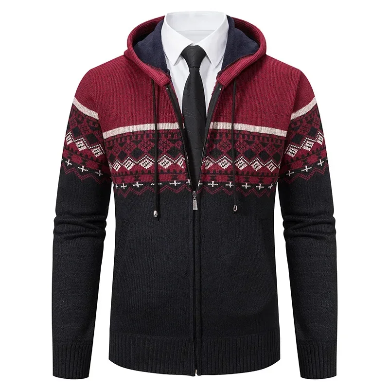 

New Men's Winter Thickened Knit Cardigan Fashion Jacquard Hooded Knitwear Sweater Jackets Man Casual Business Warm Sweater Coats