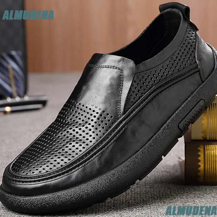 Men's Perforated Black Leather Loafers Slip-On Breathable Hollow Out Casual Shoes Thick Soft Sole Lightweight Driving Shoes