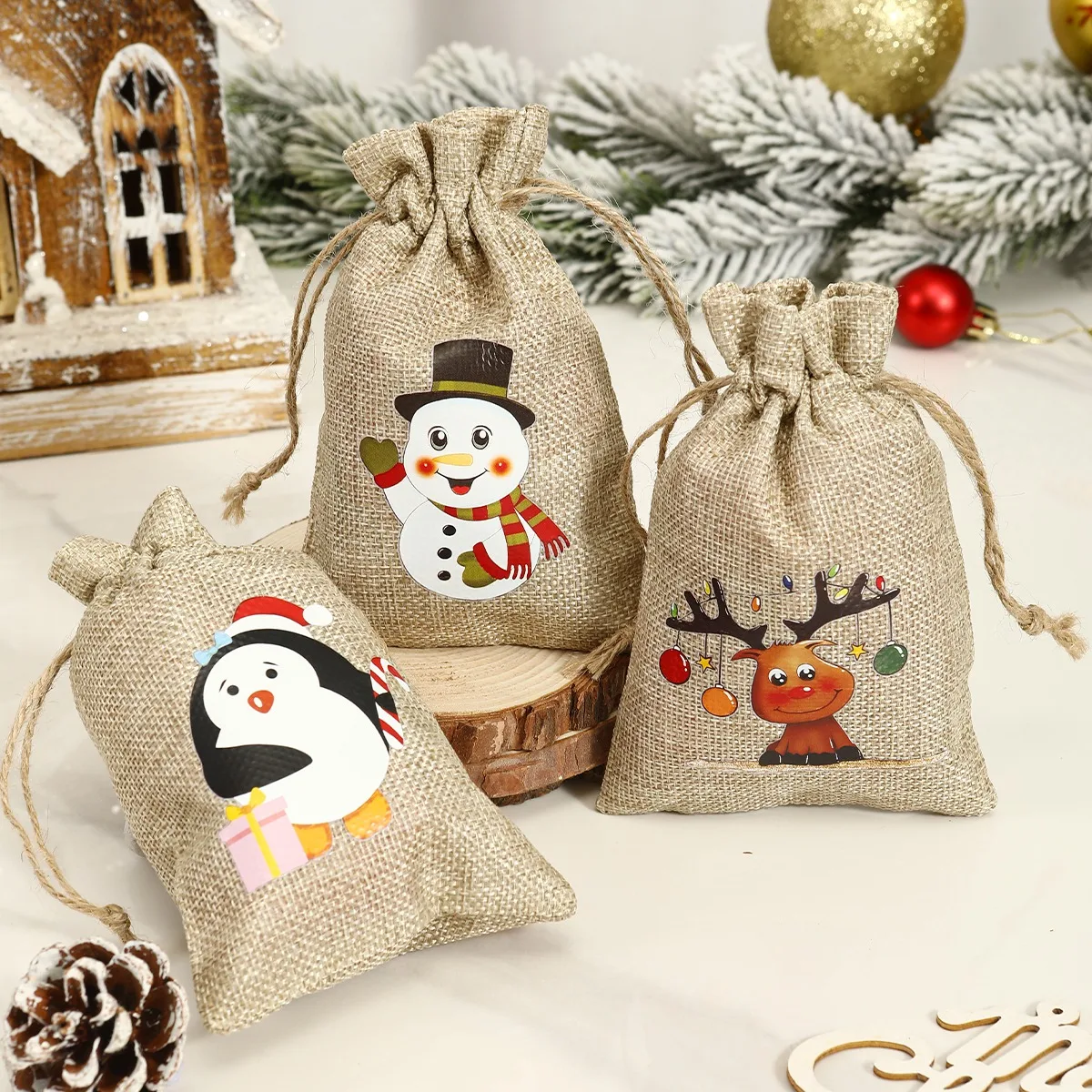 6pcs Linen Drawstring Christmas Candy Gifts Bags Christmas Party Favors for Kids Happy New Year 2025 Candy Snack Packaging Bags