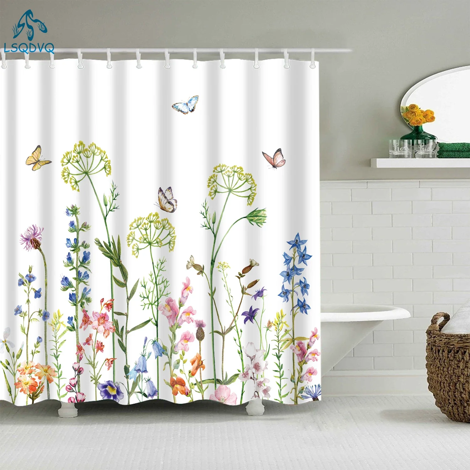 Flower Painting Printed Mildew Proof Polyester Shower Curtains Washable Waterproof Shower Curtains for Bathroom Home Decor