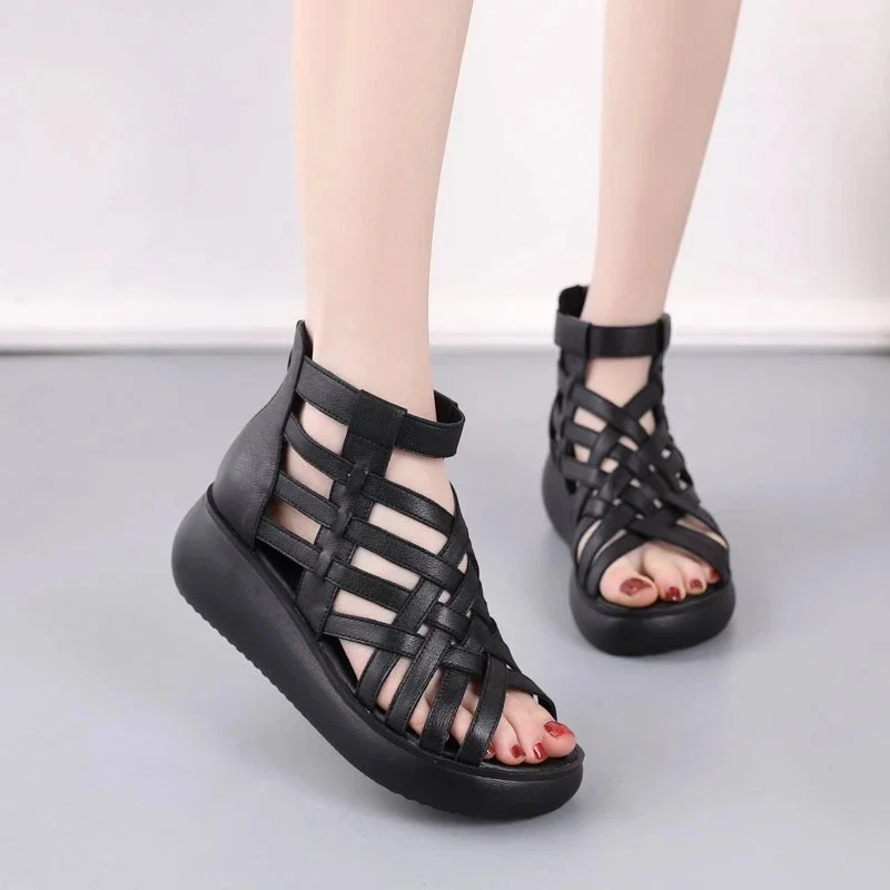 BEYARNE Genuine Leather Summer Shoes Wedges Sandals Women Gladiator Sandals Vintage Open Toe Cross Platform Sandals Female