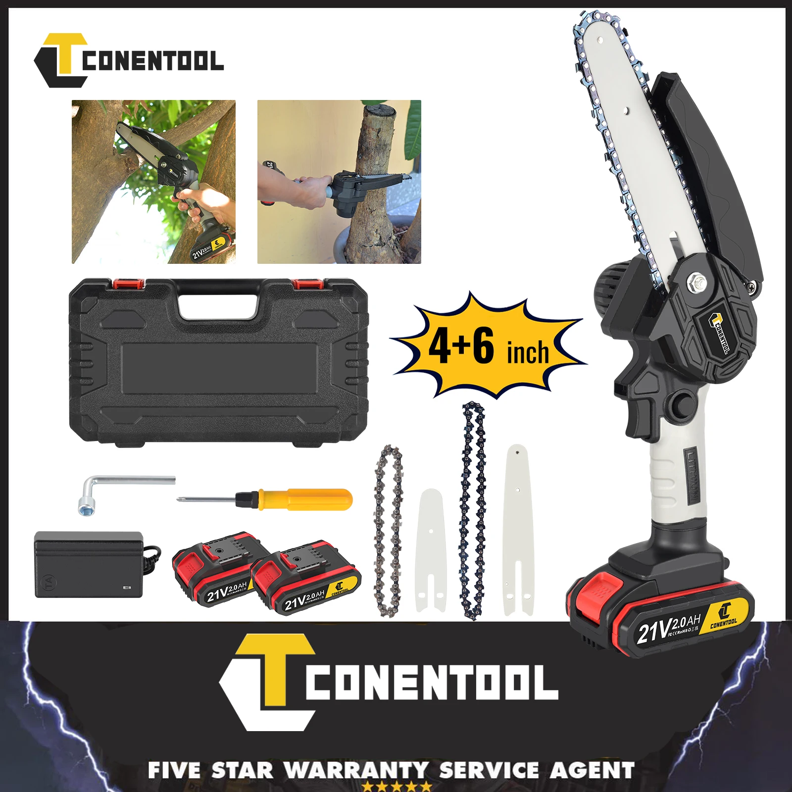 CONENTOOL Mini Chainsaw 6+4 Inch, 21V Cordless Electric Chain Saw with 2 Batteries, Handheld Wood Cutting Pruning Power Tool