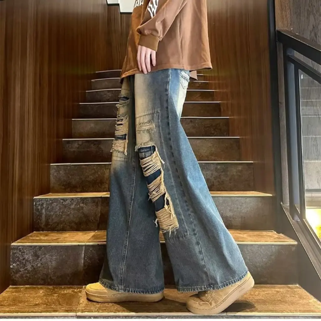 

Рваные джинсы в стиле ретро, женские свободные широкие прямые брюки, осенняя модная уличная одежда в американском стиле