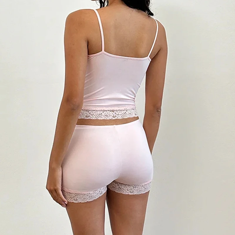 Fairy Cute Lace Trim 2-teiliges Set Outfits ärmellose Crop Camis Tops + Shorts Damen Lounge Pyjamas 2000er Retro Y2k Nachtwäsche
