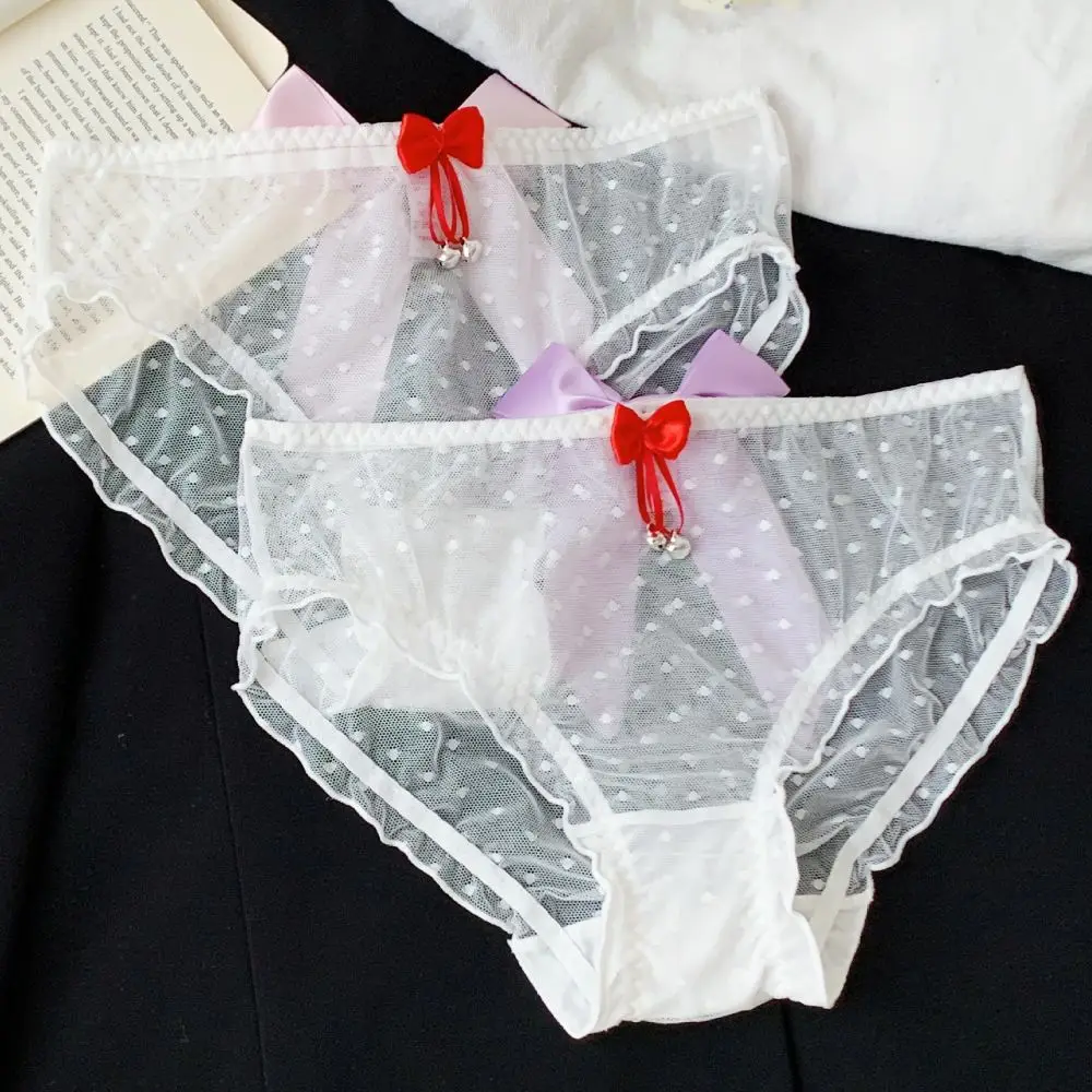 Mid-waist Mesh Bowknot Briefs Gifts Ruffle Bell Lace Bow Panties Lingerie Hollow Transparent Underpants Lady